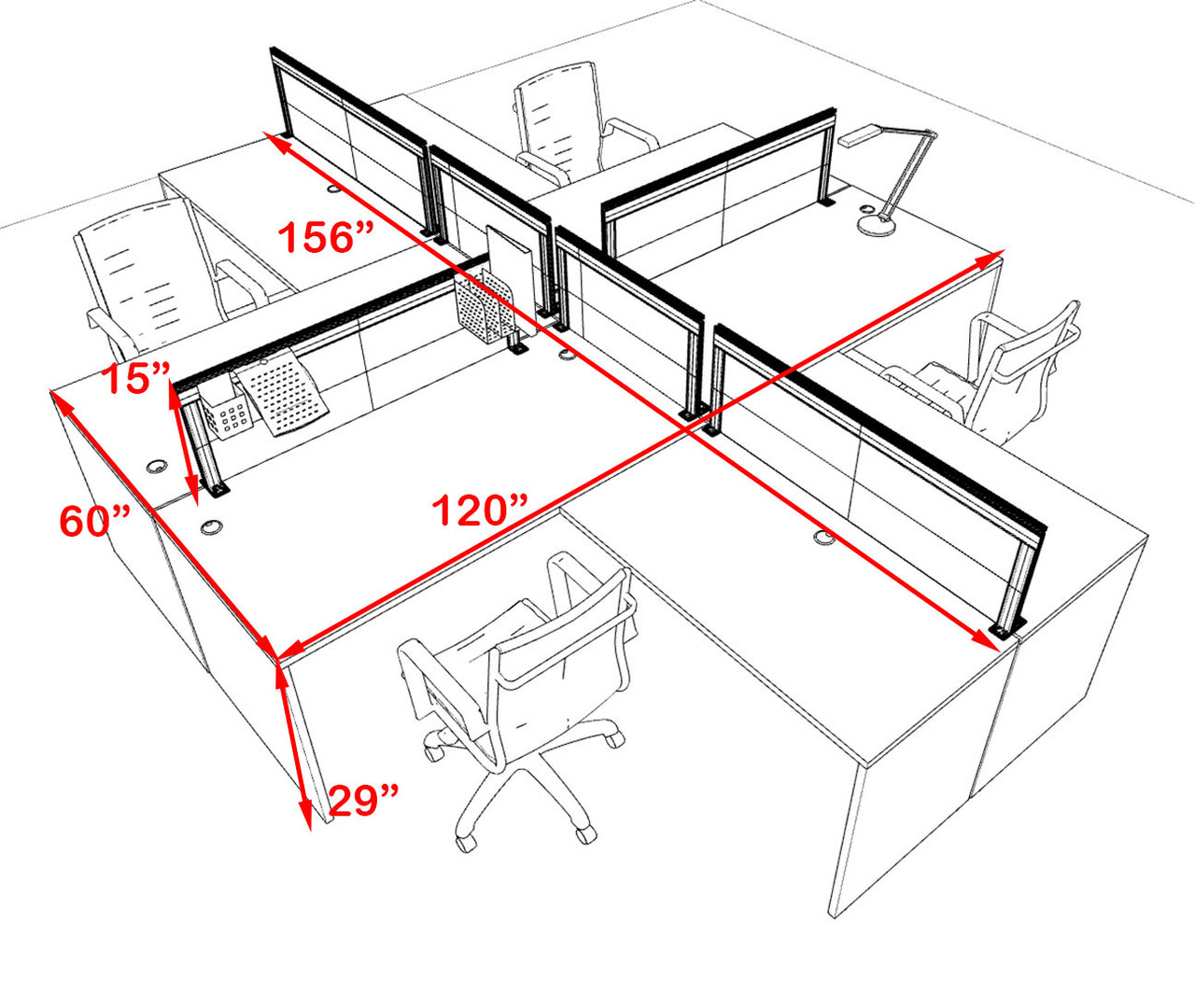 Four Person L Shape Modern Aluminum Organizer Divider Office Workstation Desk Set, #OT-SUL-FPS30